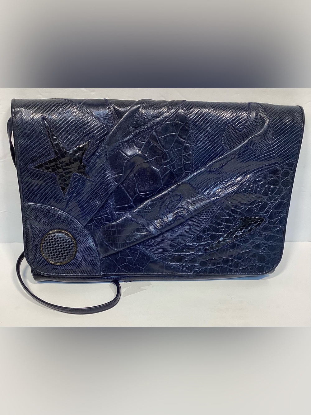 Vtg SHARIF Blue Reptile Skin Leather Patchwork Shoulder cross body Bag Purse 13”